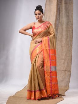 CHARUKRITI - Beige Cotton Silk Handwoven Saree with Stripes Pallu & Unstitched Blouse