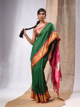 CHARUKRITI - Green Cotton Silk Handwoven Saree with Stripes Pallu & Unstitched Blouse