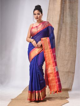 CHARUKRITI - Royal Blue Cotton Silk Handwoven Saree with Stripes Pallu & Unstitched Blouse