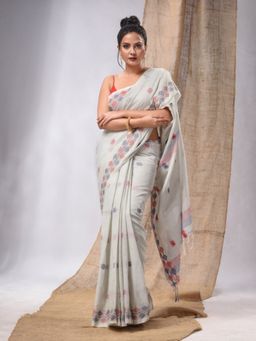 CHARUKRITI - Light Grey Cotton Handspun Texture Motifs Saree with Stripes Pallu & Unstitched Blouse