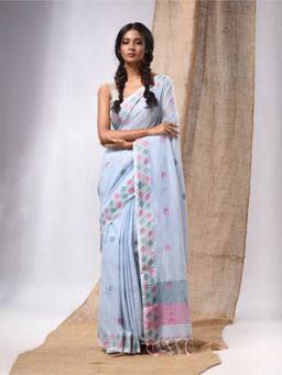 CHARUKRITI - Baby Blue Cotton Handspun Texture Motifs Saree with Stripes Pallu & Unstitched Blouse