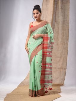 CHARUKRITI - Light Green Cotton Handspun Handwoven Soft Saree with Kantha Work & Unstitched Blouse