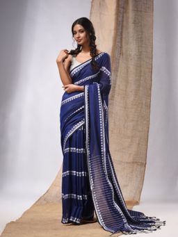 CHARUKRITI - Blue Cotton Handwoven Saree with Stripes Pallu & Unstitched Blouse