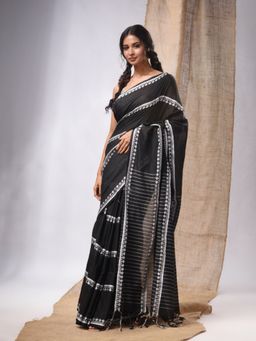 CHARUKRITI - Black Cotton Handwoven Saree with Stripes Pallu & Unstitched Blouse