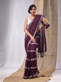 CHARUKRITI - Purple Cotton Handwoven Saree with Stripes Pallu & Unstitched Blouse