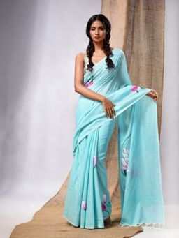 CHARUKRITI - Turquoise Blue Cotton Handwoven Soft Saree with Lotus Print & Unstitched Blouse