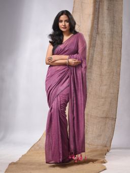 CHARUKRITI - Purple Cotton Handwoven Soft Saree with Pompom