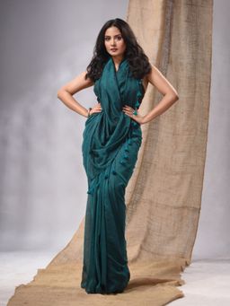 CHARUKRITI - Teal Cotton Handwoven Soft Saree with Pompom