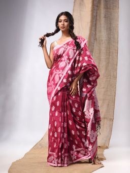 CHARUKRITI - Fuchsia Cotton Handwoven Saree with Woven Jamdani Borders & Unstitched Blouse