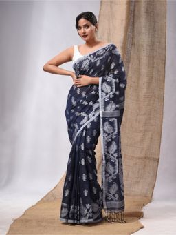 CHARUKRITI - Navy Blue Cotton Handwoven Saree with Woven Jamdani Borders & Unstitched Blouse