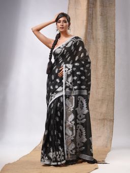 CHARUKRITI - Black Cotton Handwoven Saree with Woven Jamdani Borders & Unstitched Blouse
