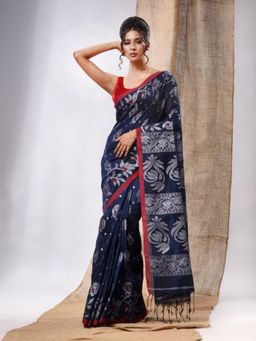 CHARUKRITI - Navy Blue Cotton Handwoven Saree with Floral Design & Unstitched Blouse