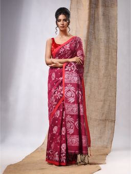 CHARUKRITI - Magenta Cotton Handwoven Saree with Floral Design & Unstitched Blouse