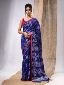 CHARUKRITI - Royal Blue Cotton Handwoven Saree with Floral Design & Unstitched Blouse