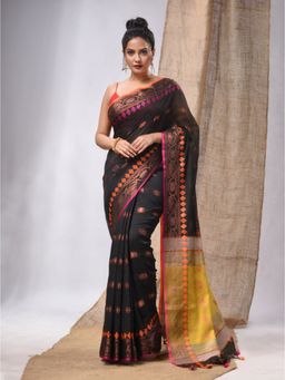 CHARUKRITI - Black Cotton Silk Handwoven Saree with Floral Borders & Unstitched Blouse