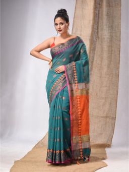 CHARUKRITI - Teal Cotton Silk Handwoven Saree with Floral Borders & Unstitched Blouse