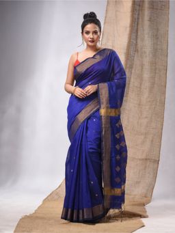 CHARUKRITI - Navy Blue Cotton Silk Handwoven Saree with Zari Borders & Unstitched Blouse