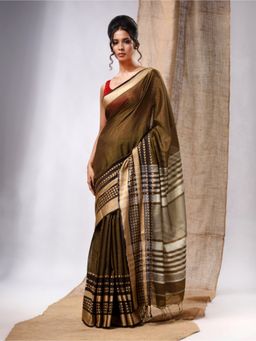 CHARUKRITI - Green Cotton Silk Handwoven Saree with Zari Textured Borders & Unstitched Blouse
