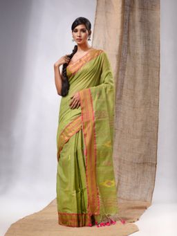 CHARUKRITI - Pistachio Green Cotton Silk Handwoven Soft Saree with Sequins Work & Unstitched Blouse