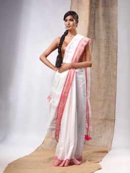 CHARUKRITI - White Cotton Silk Handwoven Soft Saree with Sequins Work & Unstitched Blouse