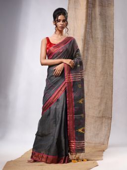CHARUKRITI - Dark Grey Cotton Silk Handwoven Soft Saree with Sequins Work & Unstitched Blouse