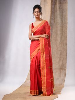 CHARUKRITI - Red Cotton Silk Handwoven Soft Saree with Sequins Work & Unstitched Blouse