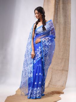 CHARUKRITI - Sapphire Blue Muslin Handwoven Saree with Jamdani Designs & Unstitched Blouse