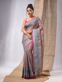 CHARUKRITI - Beige Colored Handwoven Tissue Saree with Woven Design & Unstitched Blouse
