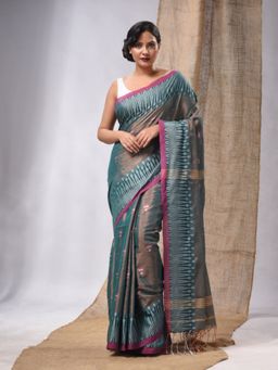 CHARUKRITI - Teal Colored Handwoven Tissue Saree with Woven Design & Unstitched Blouse