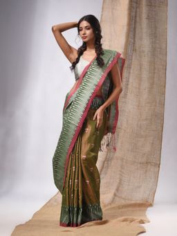 CHARUKRITI - Moss Green Colored Handwoven Tissue Saree with Woven Design & Unstitched Blouse