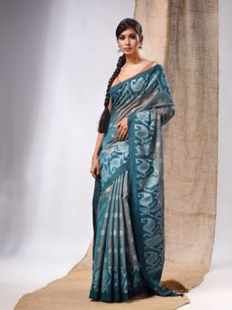 CHARUKRITI - Teal Tissue Handwoven Saree with Jamdani Borders & Unstitched Blouse