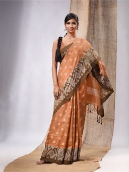 CHARUKRITI - Beige Tissue Handwoven Saree with Jamdani Borders & Unstitched Blouse