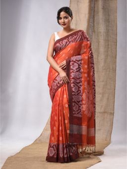 CHARUKRITI - Orange Tissue Handwoven Saree with Jamdani Borders & Unstitched Blouse