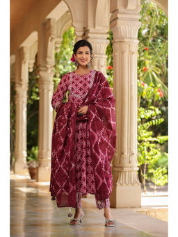 PIROH - Wine Womens Cotton Anarkali Kurta and Pants with Dupatta (Set of 3)