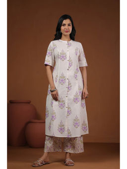 PIROH - Womens Cotton Printed with Embroidery A-Line Kurta Pants (Set of 2)