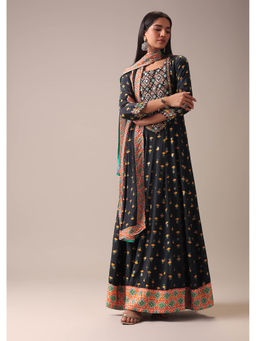 KALKI FASHION - Black Floral Printed Anarkali Kurta and Leggings with Dupatta (Set of 3)