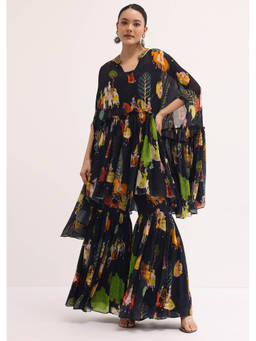 KALKI FASHION - Black Printed Georgette Crop Top and Sharara with Kurti (Set of 3)