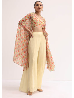 KALKI FASHION - Light Yellow Printed Organza Palazzo and Crop Top with Jacket (Set of 3)