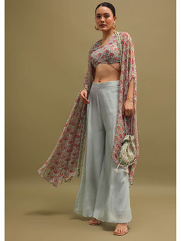KALKI FASHION - Grey Printed Organza Palazzo and Crop Top with Jacket (Set of 3)
