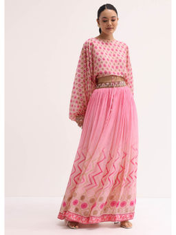 KALKI FASHION - Baby Pink Printed Chiffon Crop Top and Skirt (Set of 2)