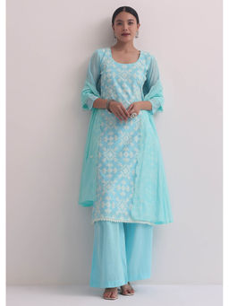 KALKI FASHION - Blue Chanderi Patchwork Palazzo and Kurta with Dupatta (Set of 3)