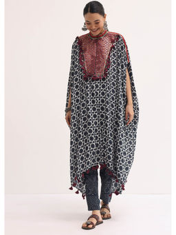 KALKI FASHION - Black Printed Crepe Kaftan Kurta and Pants (Set of 2)