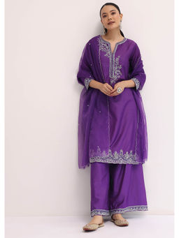 KALKI FASHION - Purple Embroidered Silk Kurta and Palazzo with Dupatta (Set of 3)