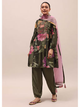 KALKI FASHION - Mehendi Green Embroidered Kurta and Salwar with Dupatta (Set of 3)