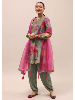 KALKI FASHION - Grey and Pink Embroidered Kurta and Salwar with Dupatta (Set of 3)