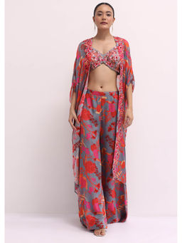 KALKI FASHION - Grey Chiffon Palazzo and Crop Top with Jacket (Set of 3)