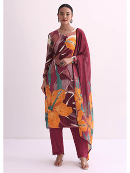 KALKI FASHION - Maroon Red Abstract Floral Print Kurti Pants with Dupatta (Set of 3)