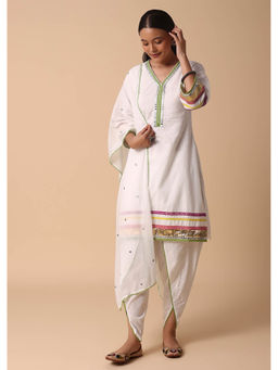 KALKI FASHION - White Cotton Kurta and Dhoti with Dupatta (Set of 3)