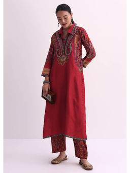 KALKI FASHION - Red Sequin Kurta with Printed Pants (Set of 2)