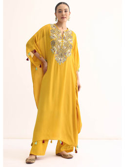 KALKI FASHION - Yellow Embroidered Kaftan Kurta and Pants (Set of 2)